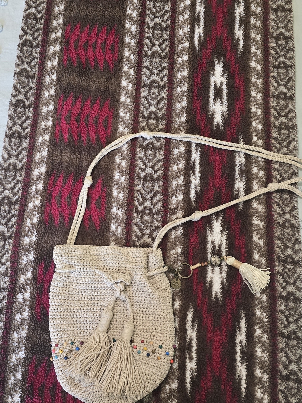 Handwoven Cream Crochet Tassel Crossbody Bag TheSak Brand